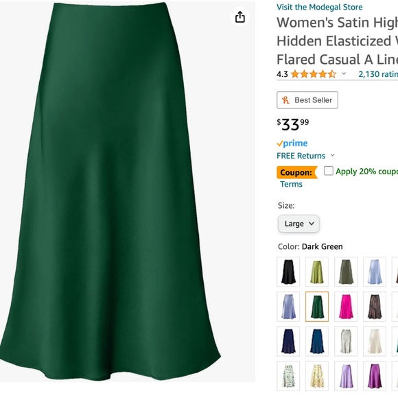 Green Satin High Waist Midi Skirt - Picture 5 of 6